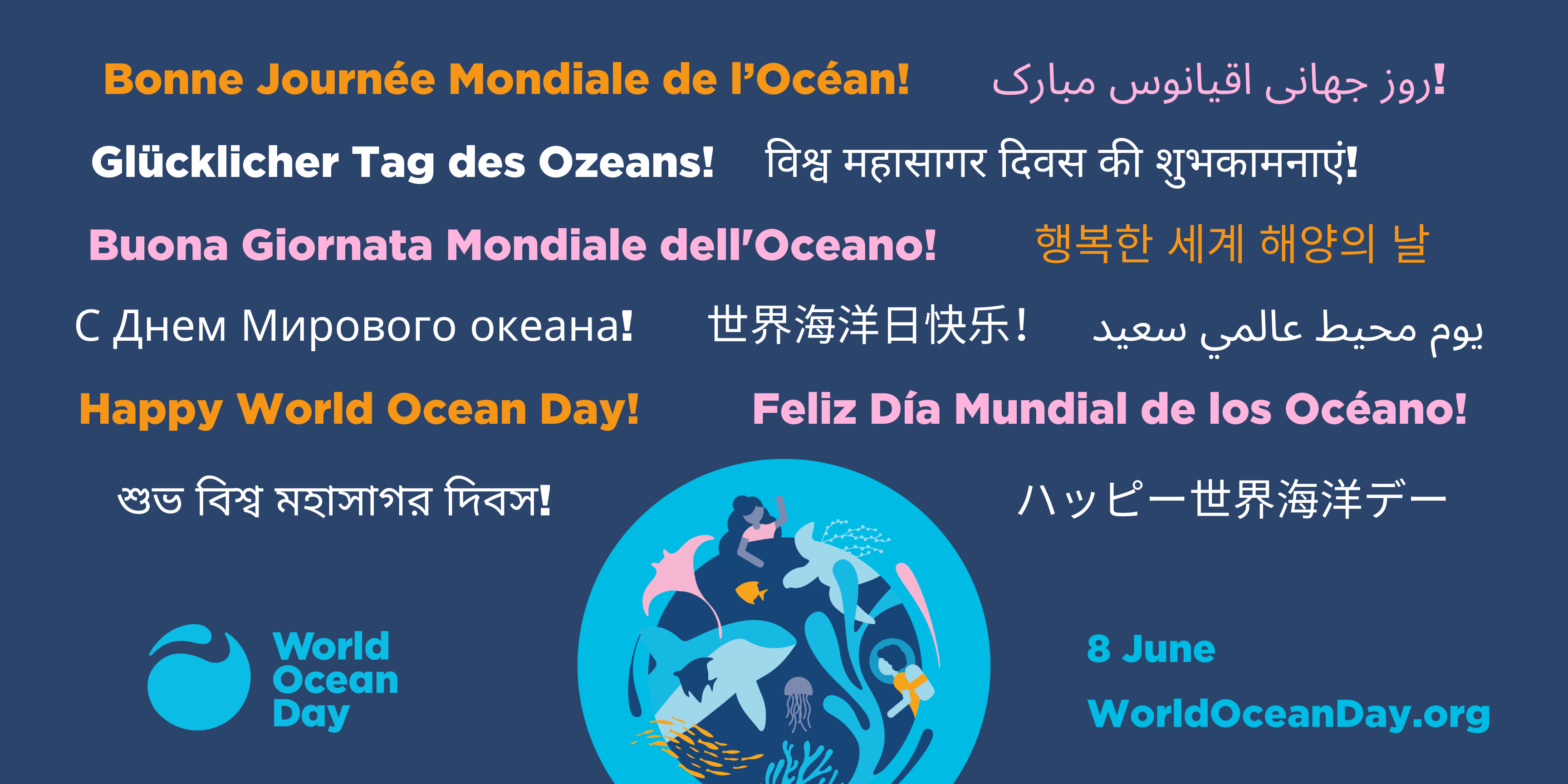 Feliz Día Mundial del Océano traducido a muchos idiomas